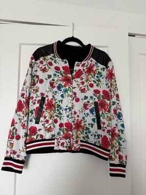 Reversible Floral Print Bomber Jacket - White with Red & Blue Flowers and Black